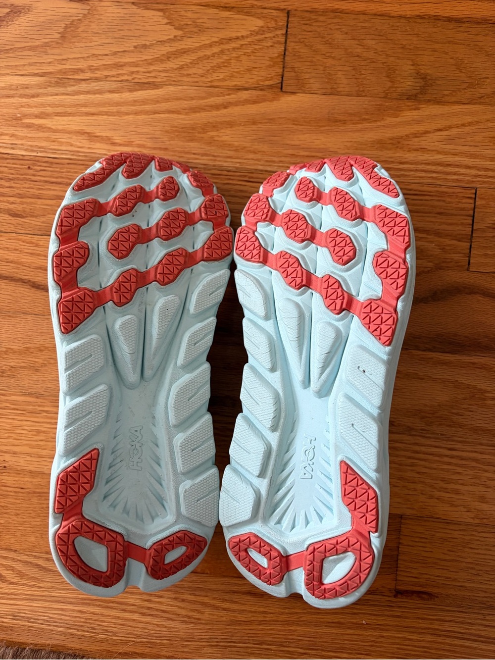 Hoka Women's Clifton 8 - White and Mint Athletic Running Shoes with Coral Accent - Picture 3 of 5